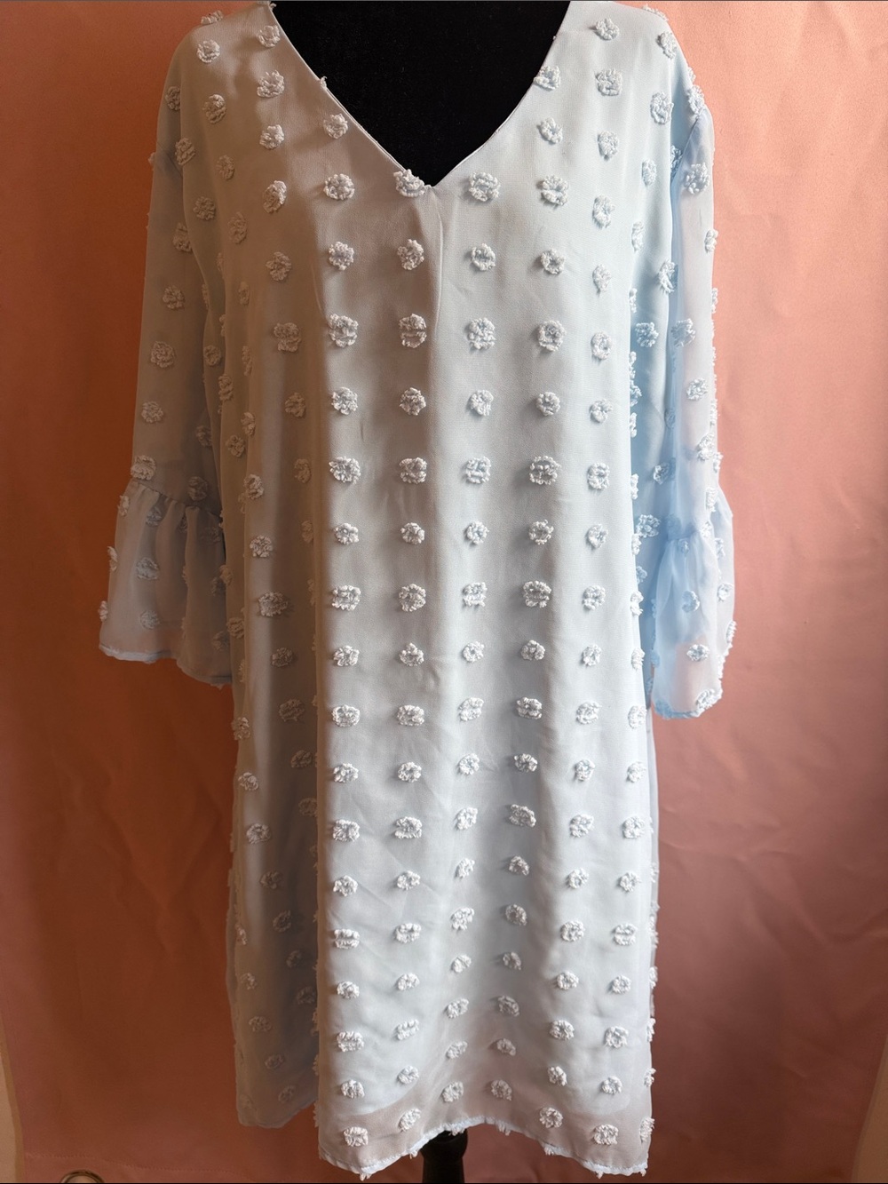 Light Blue Pom-Pom V-Neck Women's Dress